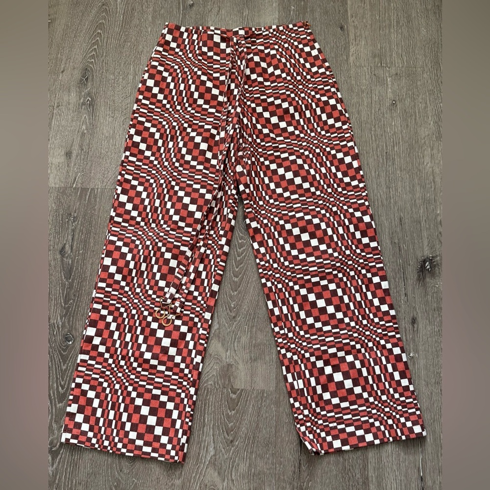 Cider Red White Brown Distorted Checker Wide Leg Trousers M w/ Brass Hook Belt